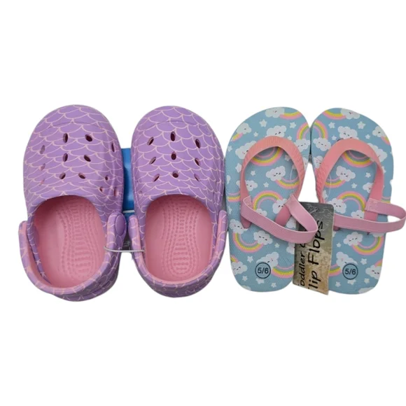 2pk NWT Toddler Girls Purple Clogs Shoes Rainbow Strap Flip Flops Sandals 5 / 6 - Picture 10 of 11